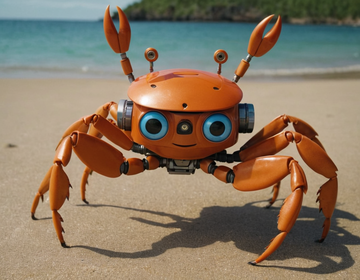 A cartoon of a crab that is building a artifical intelligence robot and enjoying the work